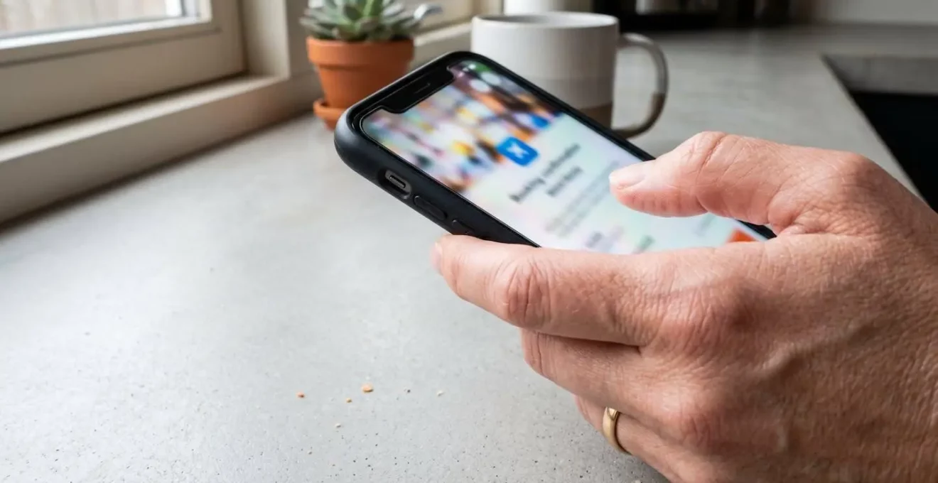 Nahaufnahme einer Hand, die ein Smartphone hält mit unscharfem Bildschirm, im Hintergrund verschwommenes Fährterminal