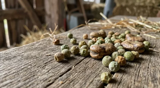 Nahaufnahme von heimischen Erbsen und Ackerbohnen als Proteinfutter für Mastschweine in Deutschland