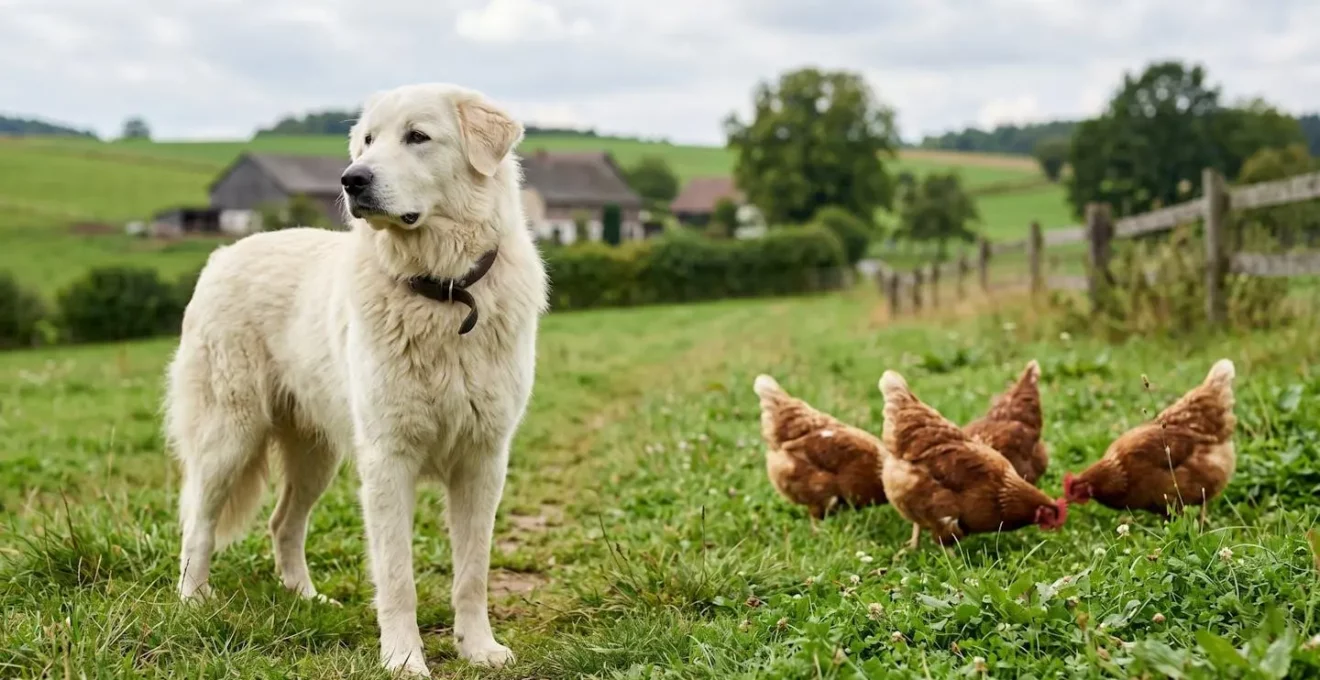 Herdenschutzhund bewacht Freilandhennen vor Raubtieren in deutscher Landschaft