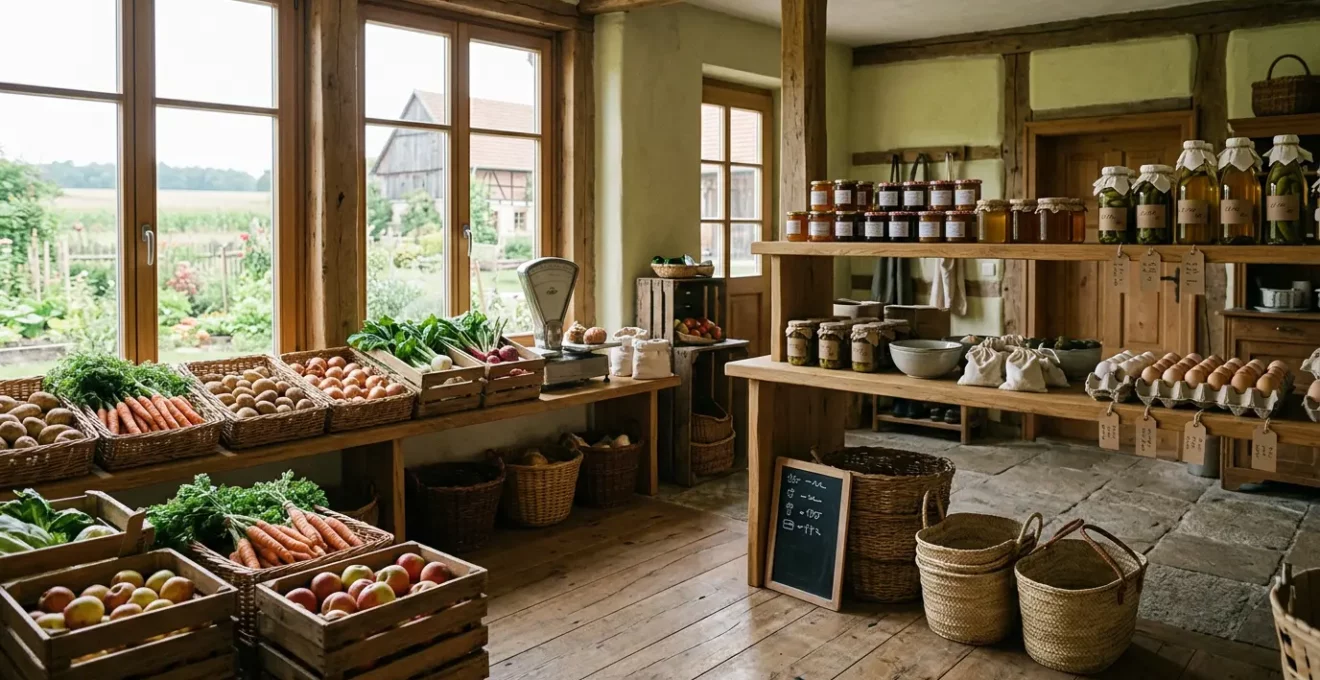 Landwirtschaftlicher Hofladen mit regionalen Produkten und Preisschildern in Deutschland