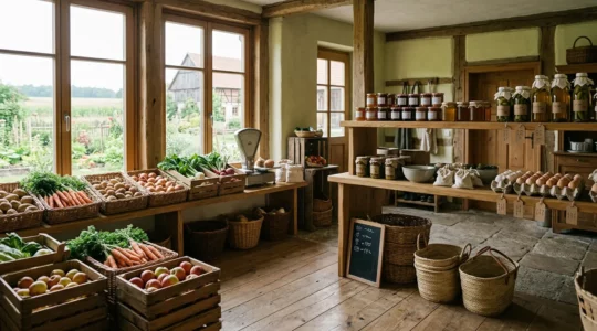 Landwirtschaftlicher Hofladen mit regionalen Produkten und Preisschildern in Deutschland