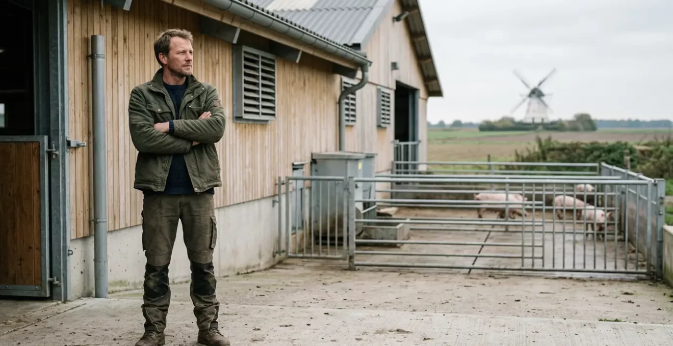 Deutscher Landwirt in nachdenklicher Haltung vor modernem Schweinestall mit Außenklima