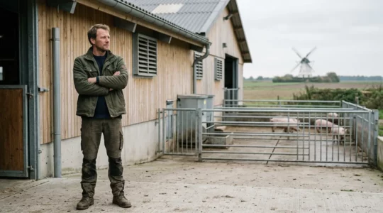 Deutscher Landwirt in nachdenklicher Haltung vor modernem Schweinestall mit Außenklima