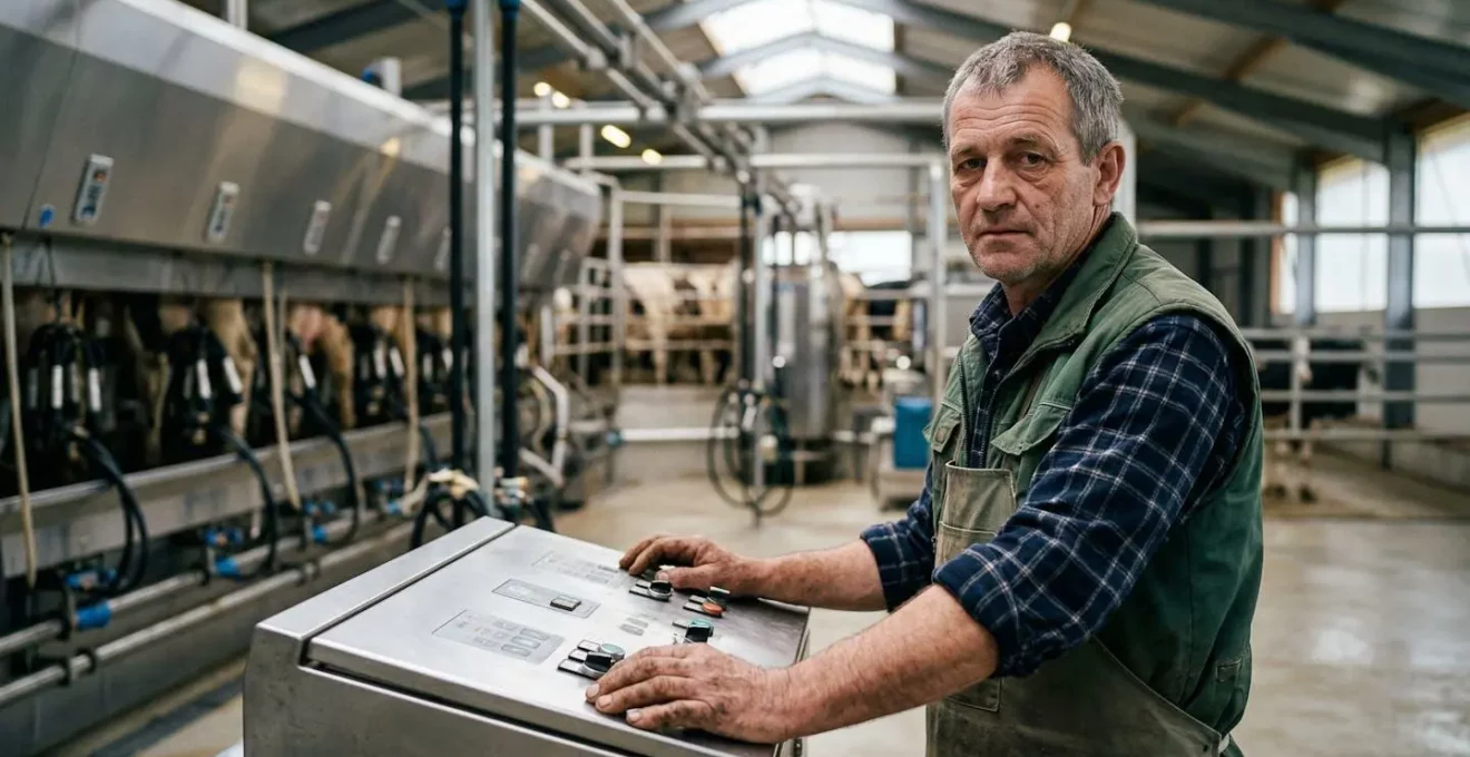 Landwirt im modernen Melkstand mit digitalen Überwachungssystemen, Erschöpfung und Technologie im Kontrast