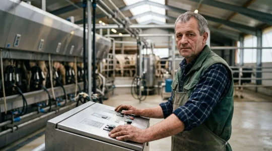 Landwirt im modernen Melkstand mit digitalen Überwachungssystemen, Erschöpfung und Technologie im Kontrast