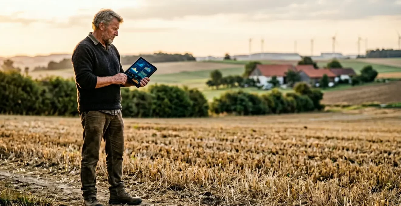 Landwirt auf einem Feld in Deutschland überprüft Düngebedarfsermittlung auf einem Tablet vor der behördlichen Kontrolle