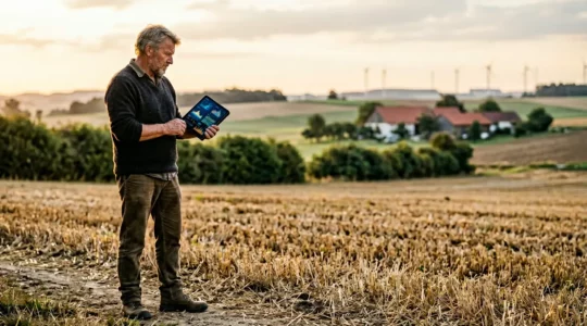 Landwirt auf einem Feld in Deutschland überprüft Düngebedarfsermittlung auf einem Tablet vor der behördlichen Kontrolle