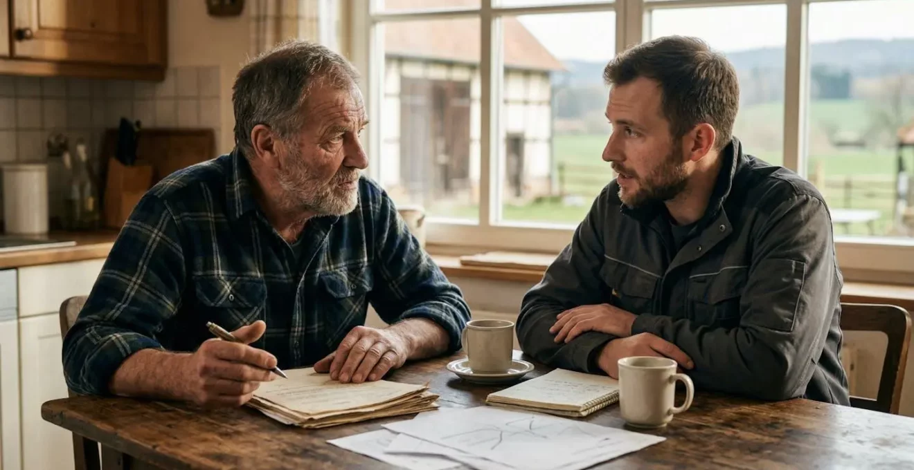 Familiäre Hofübergabe mit zwei Generationen von Landwirten im Gespräch auf deutschem Bauernhof