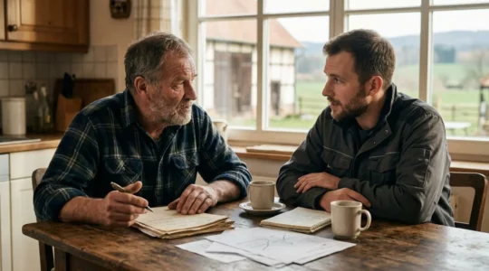 Familiäre Hofübergabe mit zwei Generationen von Landwirten im Gespräch auf deutschem Bauernhof