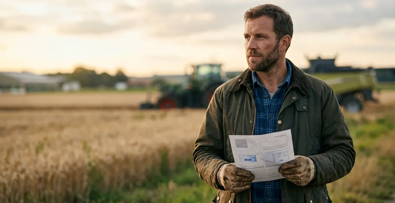 Nahaufnahme eines Landwirts mit Meisterbrief-Dokument auf modernem landwirtschaftlichen Betrieb, der eine wichtige Karriereentscheidung symbolisiert