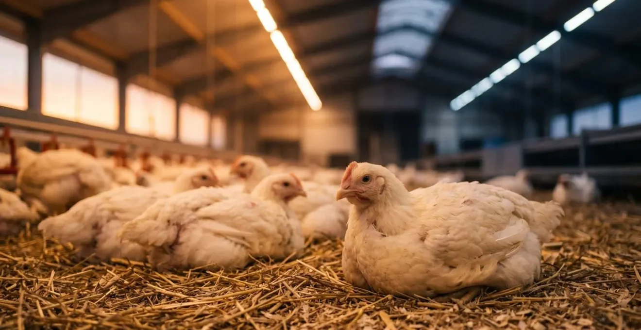 Moderne LED-Beleuchtung mit Dämmerungssimulation in deutschem Hähnchenstall während Ruhephase
