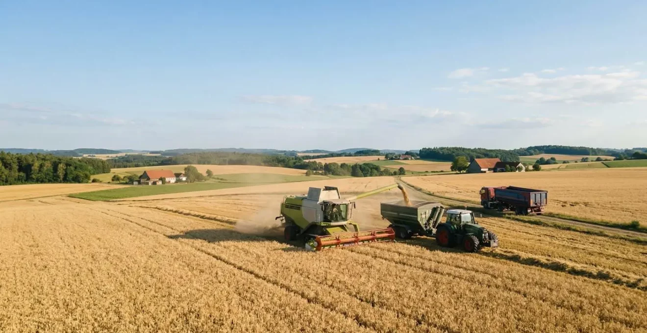 Mähdrescher bei der Getreideernte mit Transportfahrzeugen im Hintergrund auf deutschem Feld