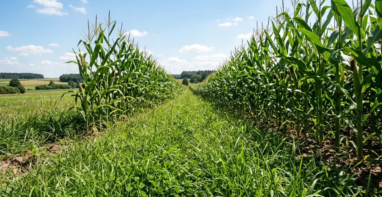 Maisfeld mit grüner Grasuntersaat zwischen den Maisreihen für Bodenschutz und Erosionsminderung
