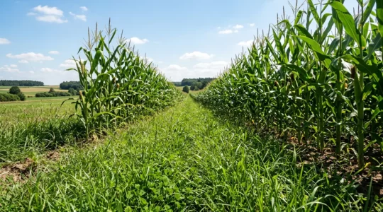 Maisfeld mit grüner Grasuntersaat zwischen den Maisreihen für Bodenschutz und Erosionsminderung