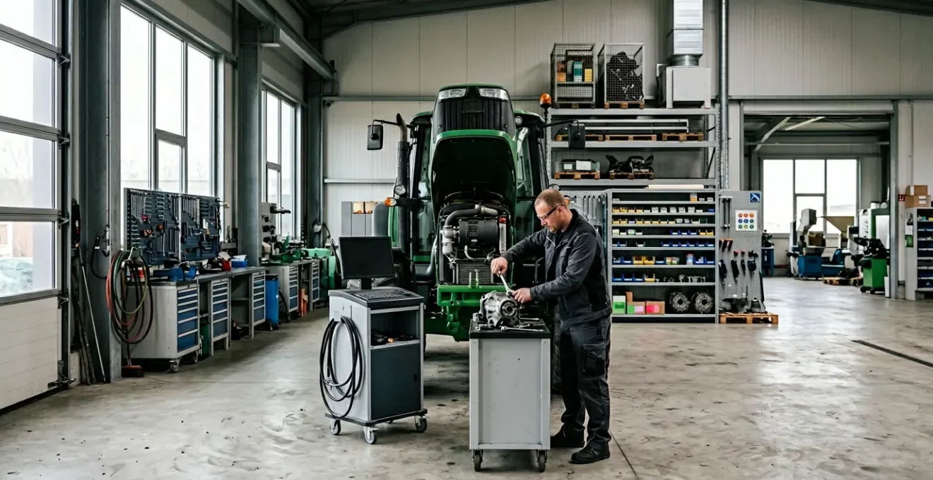 Professionelle Landtechnik-Werkstatt mit Mechanikern bei der Wartung moderner Landmaschinen in Deutschland