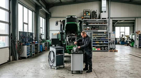 Professionelle Landtechnik-Werkstatt mit Mechanikern bei der Wartung moderner Landmaschinen in Deutschland