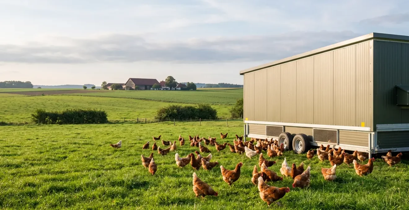 Mobilstall für Legehennen auf grüner Wiese in Deutschland mit Hühnern im Freilauf