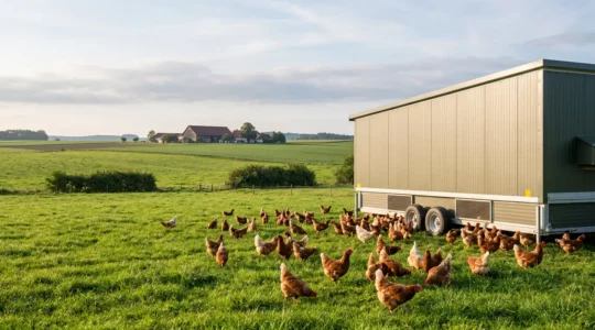 Mobilstall für Legehennen auf grüner Wiese in Deutschland mit Hühnern im Freilauf