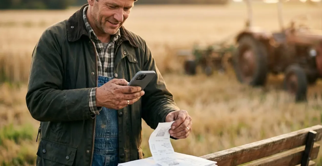 Landwirt scannt Rechnung mit Smartphone-App direkt auf dem Feld
