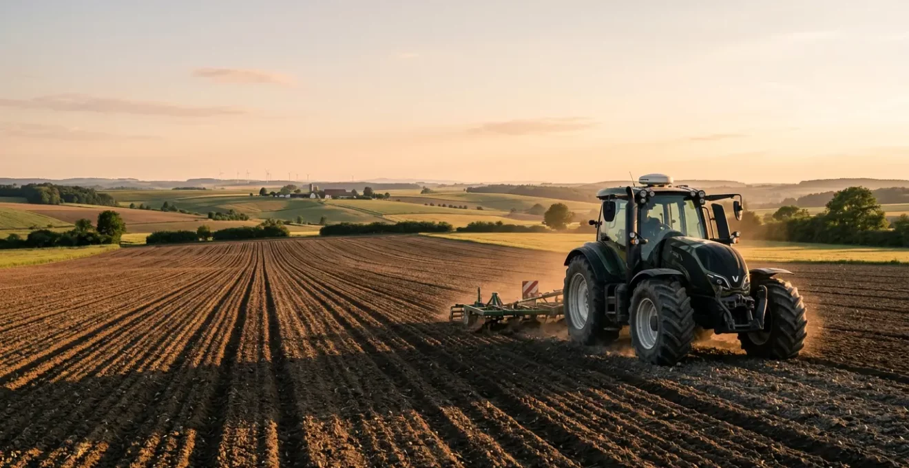 Moderner Traktor mit RTK-Lenksystem bei der teilflaechenspezifischen Duengung auf einem deutschen Ackerbau-Betrieb