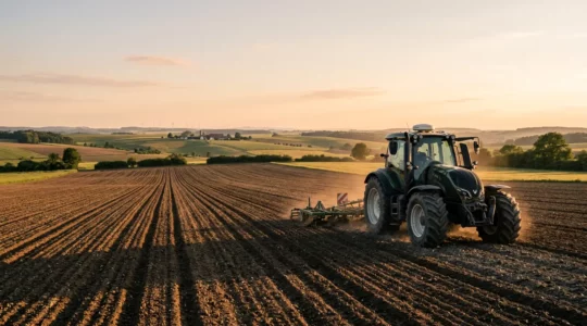 Moderner Traktor mit RTK-Lenksystem bei der teilflaechenspezifischen Duengung auf einem deutschen Ackerbau-Betrieb