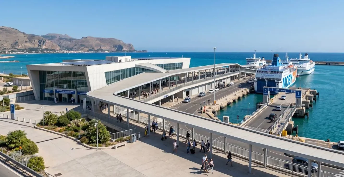 Moderner Fährhafen in Italien mit überdachtem Terminal, Anlegestellen und Blick aufs Mittelmeer bei Tageslicht
