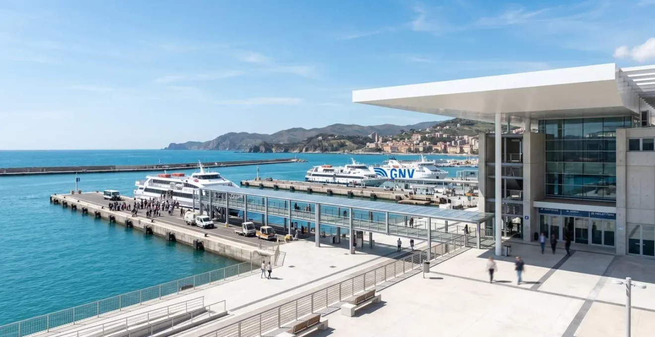 Moderner Fährhafen in Italien mit überdachtem Terminal, Anlegestellen und Blick aufs Mittelmeer bei Tageslicht