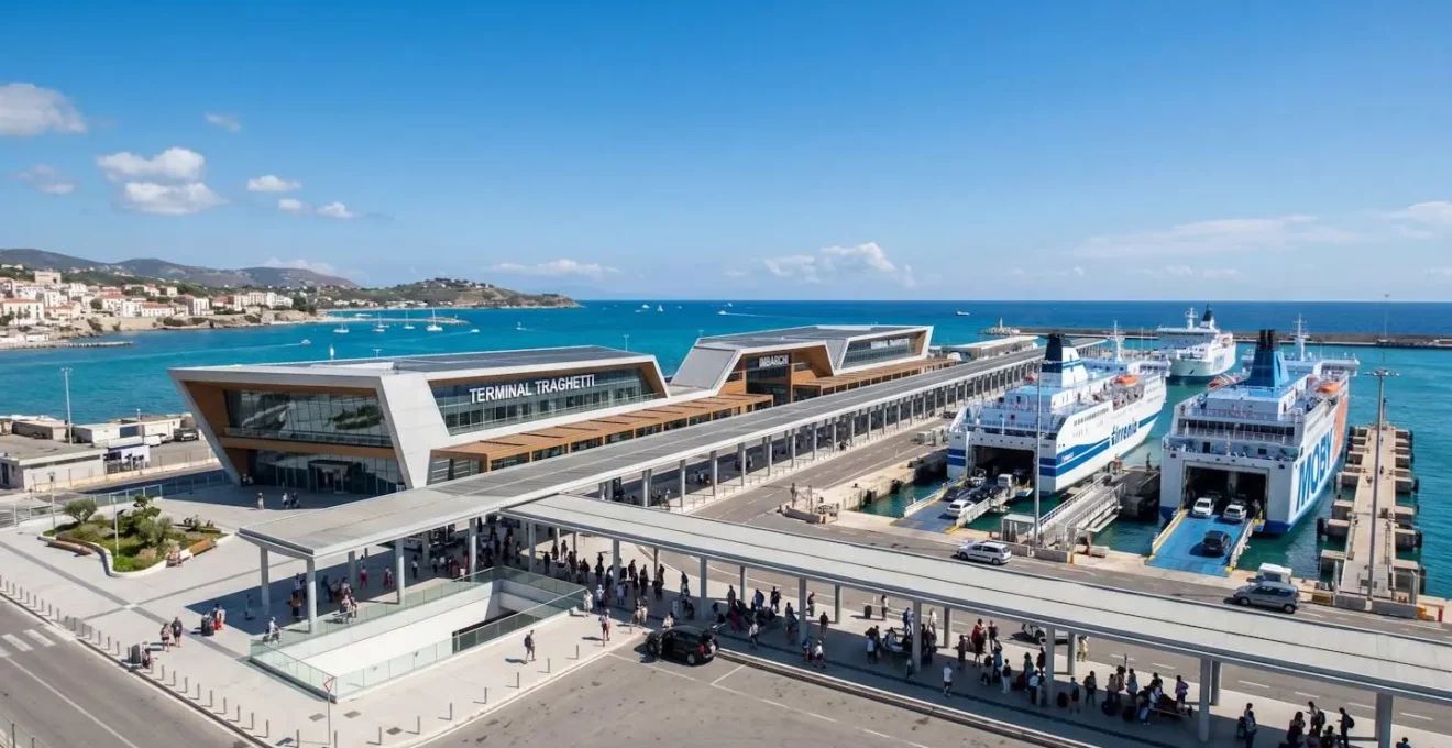 Moderner Fährhafen in Italien mit überdachtem Terminal, Anlegestellen und Blick aufs Mittelmeer bei Tageslicht