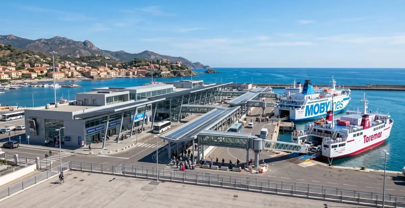 Moderner Fährhafen in Italien mit überdachtem Terminal, Anlegestellen und Blick aufs Mittelmeer bei Tageslicht