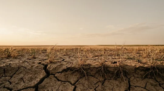 Wurzelsystem einer Kulturpflanze in trockenem Boden während Dürrephase