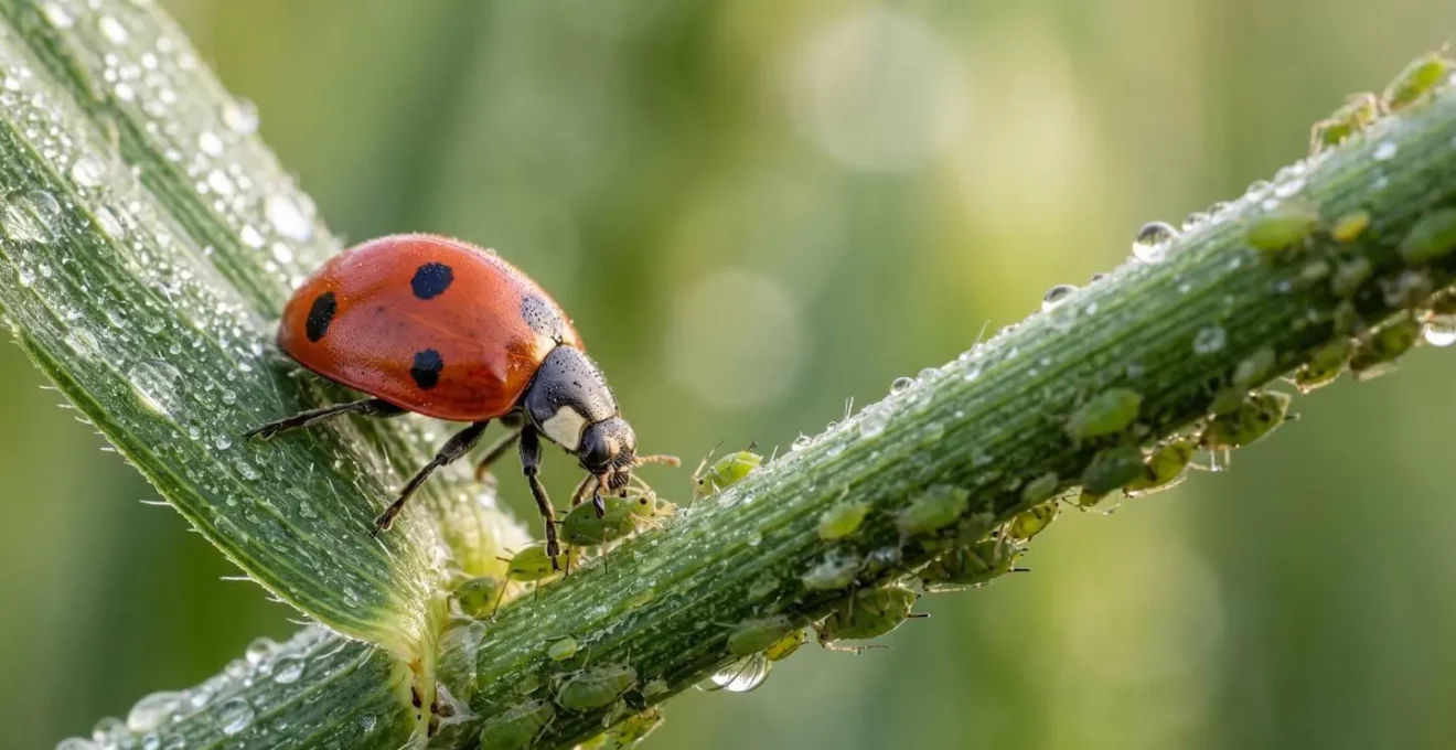 Biologische Schädlingsbekämpfung mit Nützlingen wie einem Marienkäfer auf einem Weizenhalm im deutschen Ackerbau