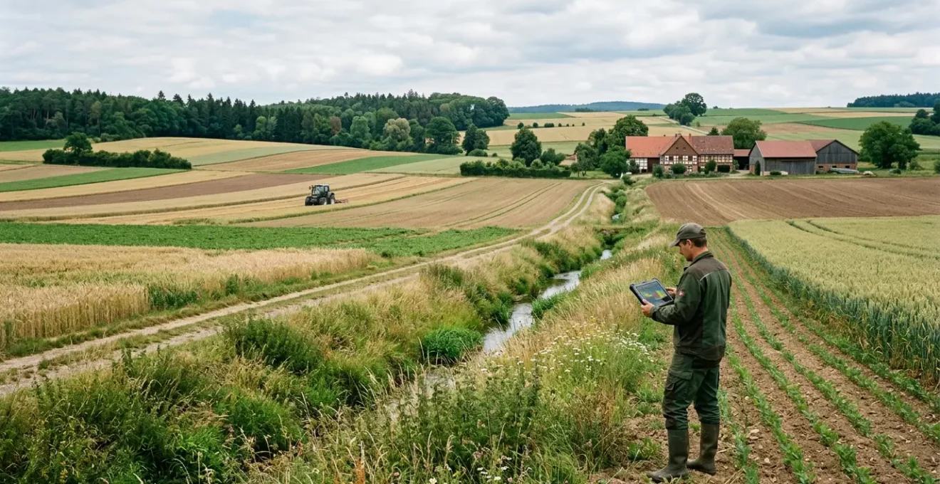 Landwirt überprüft Gewässerrandstreifen auf deutschem Ackerbetrieb zur Erfüllung der GLÖZ-Standards