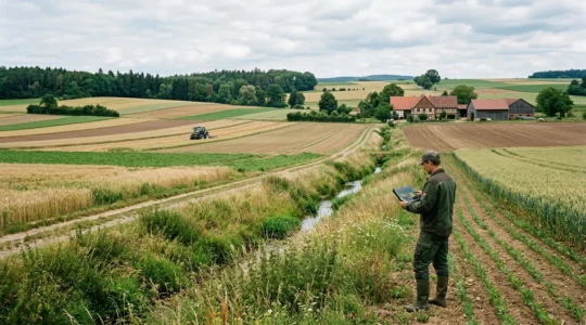 Landwirt überprüft Gewässerrandstreifen auf deutschem Ackerbetrieb zur Erfüllung der GLÖZ-Standards
