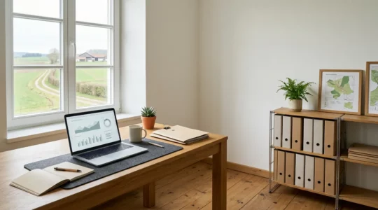 Aufgeräumter Schreibtisch im landwirtschaftlichen Büro mit Laptop und digitalen Dokumenten