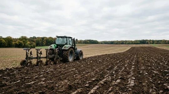 Moderner Traktor mit Pflug bei der Bodenbearbeitung auf deutschem Ackerland