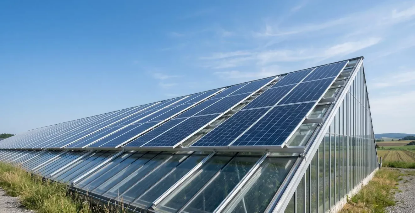 Weitwinkelaufnahme von Photovoltaik-Modulen auf einem modernen Gewächshaus-Dach mit Blick auf die umgebende landwirtschaftliche Fläche