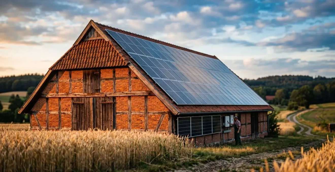 Photovoltaik-Module auf Scheunendach eines landwirtschaftlichen Betriebs in Deutschland