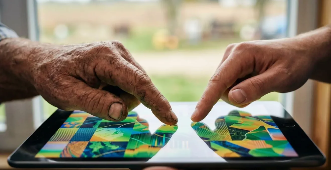 Nahaufnahme von Händen zweier Generationen über modernem Tablet mit digitalen Felddaten