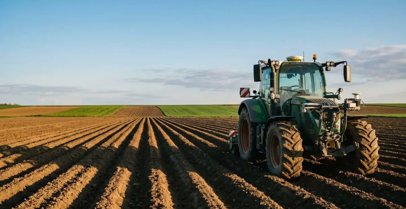 Moderner Traktor mit Precision-Farming-Technologie für teilflächenspezifische Düngung auf deutschem Acker