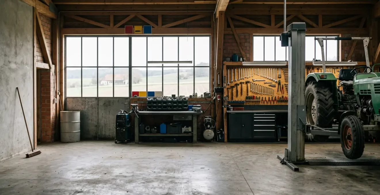 Professionell ausgestattete Hofwerkstatt mit modernen Werkzeugen und Landmaschinen