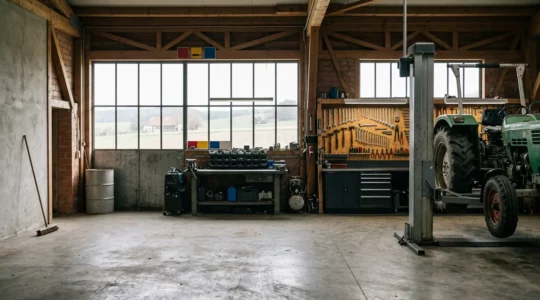 Professionell ausgestattete Hofwerkstatt mit modernen Werkzeugen und Landmaschinen
