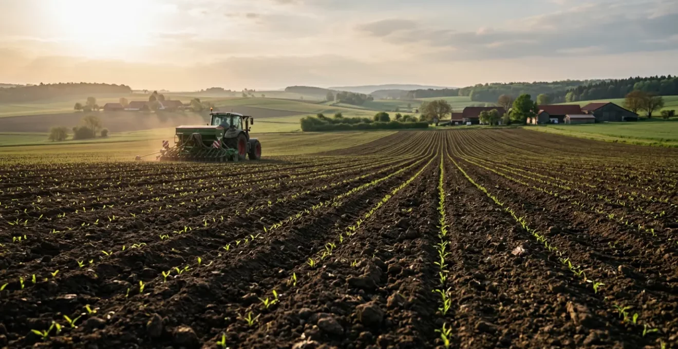 Moderne Sämaschine bei der Aussaat auf deutschem Acker mit optimaler Saatgutablage