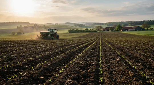 Moderne Sämaschine bei der Aussaat auf deutschem Acker mit optimaler Saatgutablage