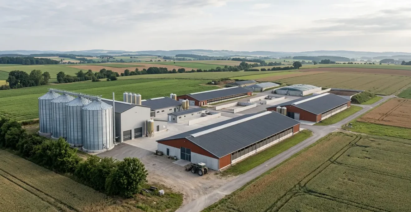 Moderne Schweinemastanlage mit Blick auf Futtersilos und Stallgebäude in deutscher landwirtschaftlicher Umgebung