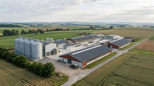 Moderne Schweinemastanlage mit Blick auf Futtersilos und Stallgebäude in deutscher landwirtschaftlicher Umgebung