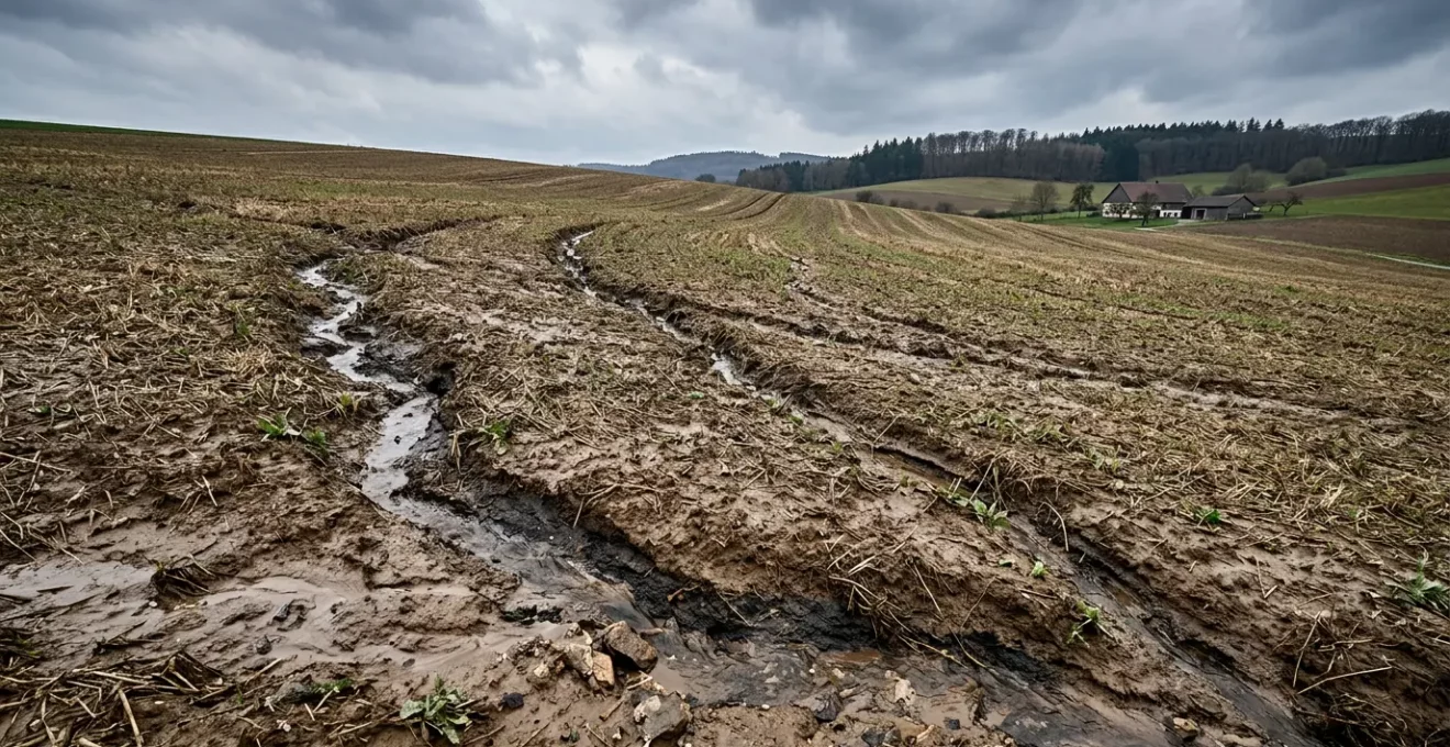 Ackerboden mit sichtbaren Erosionsrinnen nach Starkregen auf landwirtschaftlicher Flaeche