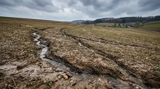 Ackerboden mit sichtbaren Erosionsrinnen nach Starkregen auf landwirtschaftlicher Flaeche