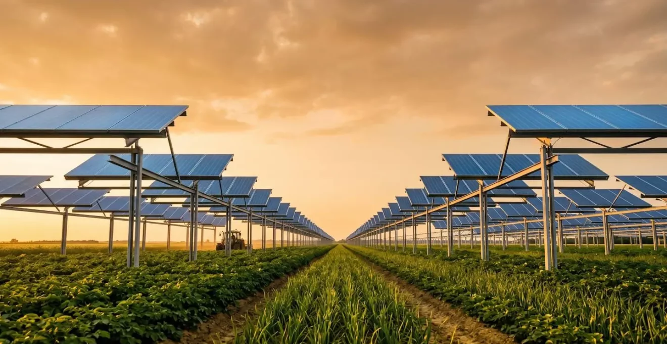 Moderne Agri-Photovoltaik-Anlage über landwirtschaftlicher Nutzfläche in Deutschland bei Sonnenuntergang