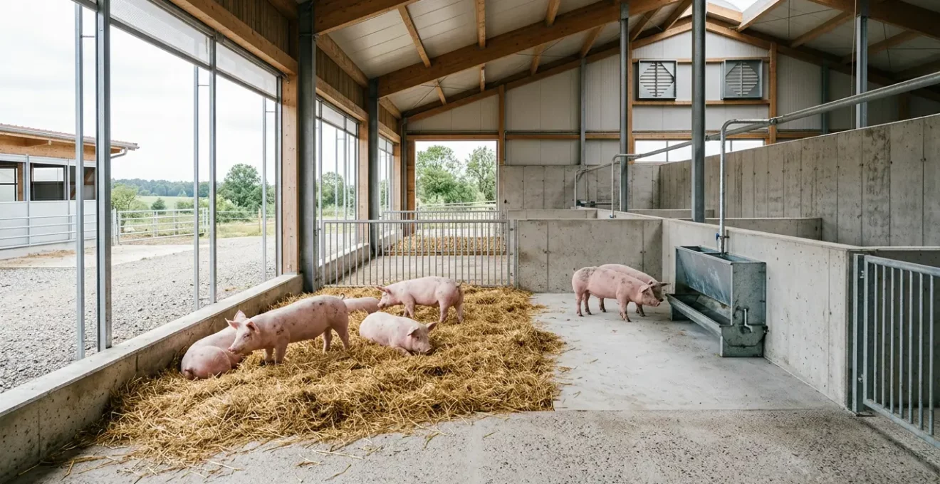 Schweine in einer modernen Außenklimabucht mit natürlichem Licht und Stroh