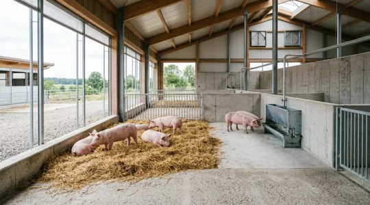 Schweine in einer modernen Außenklimabucht mit natürlichem Licht und Stroh
